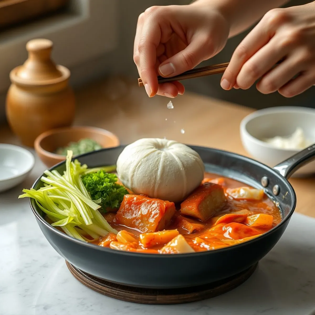 AI-generated photo Kimchi jjigae, step 1. AI-generated photo.