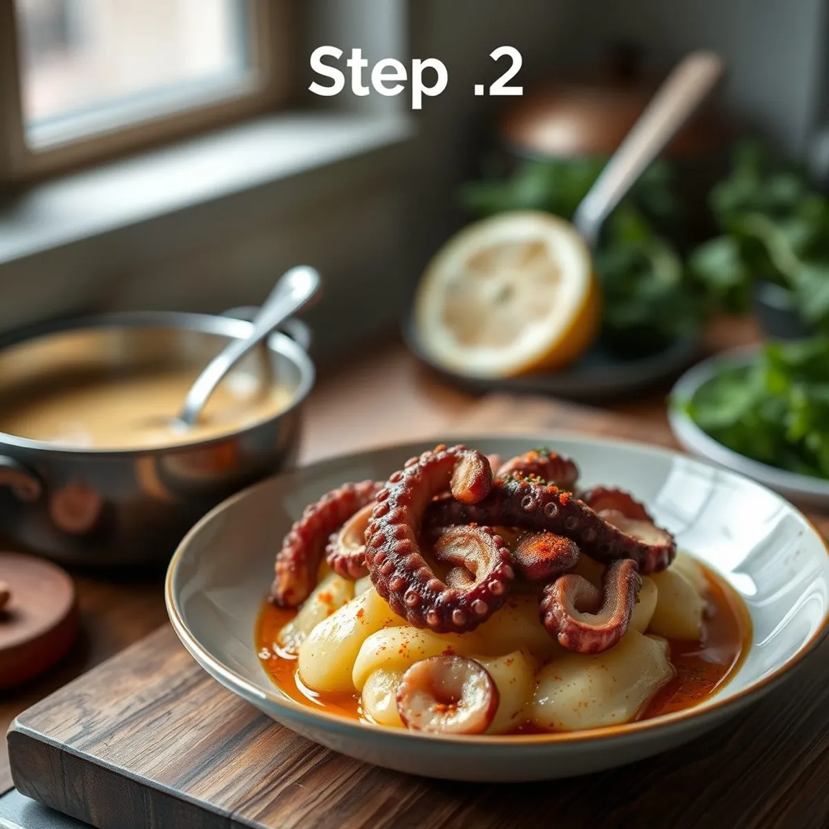 AI-generated photo Galician octopus, step 2. AI-generated photo.