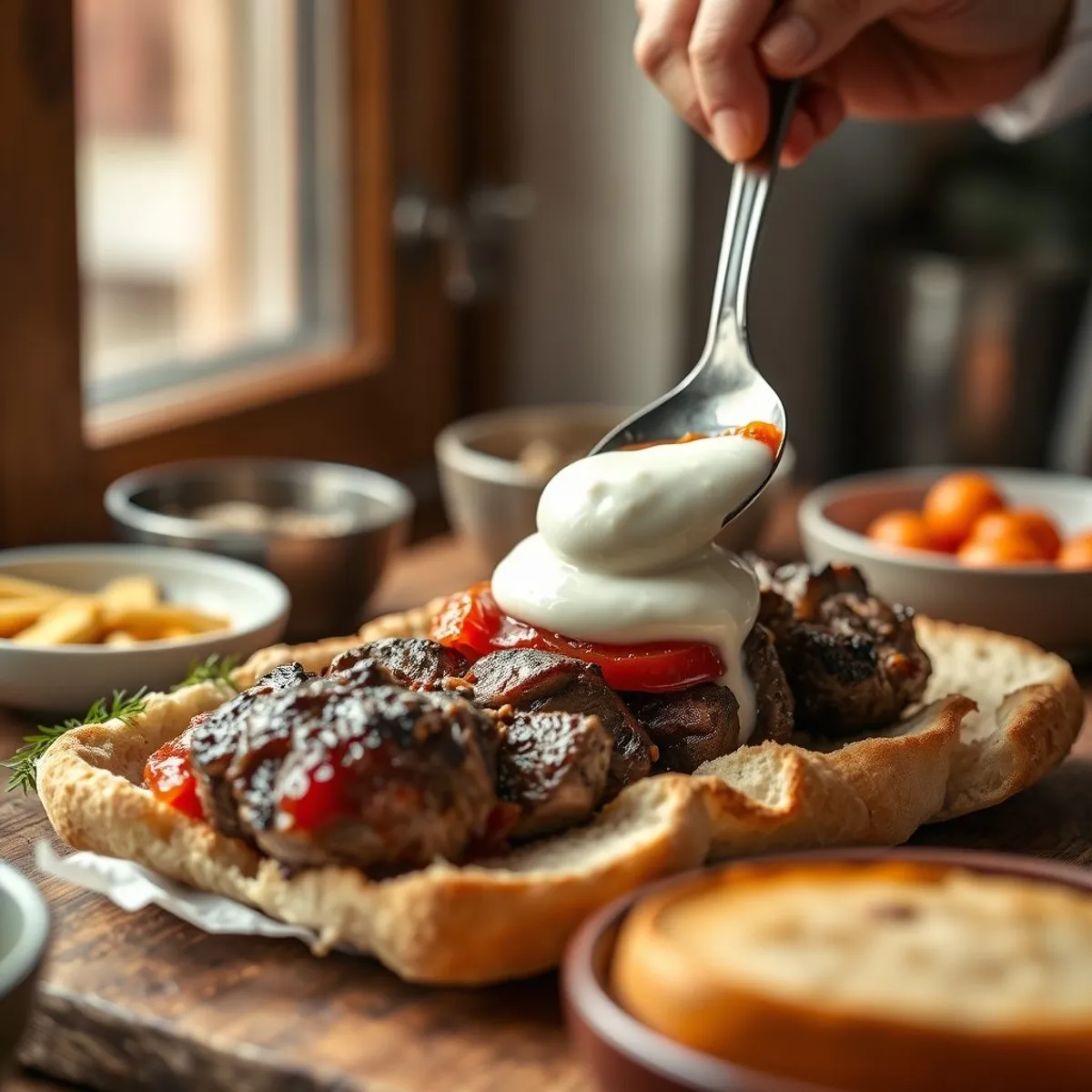 AI-generated photo Iskender kebab, step 2. AI-generated photo.