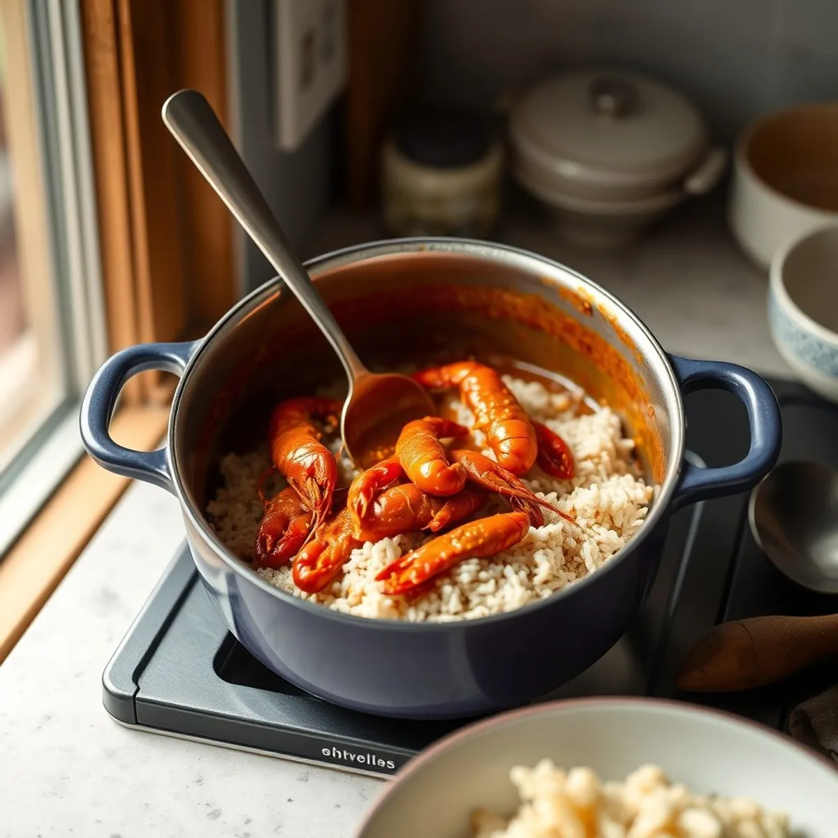 AI-generated photo Crawfish etouffee, step 4. AI-generated photo.