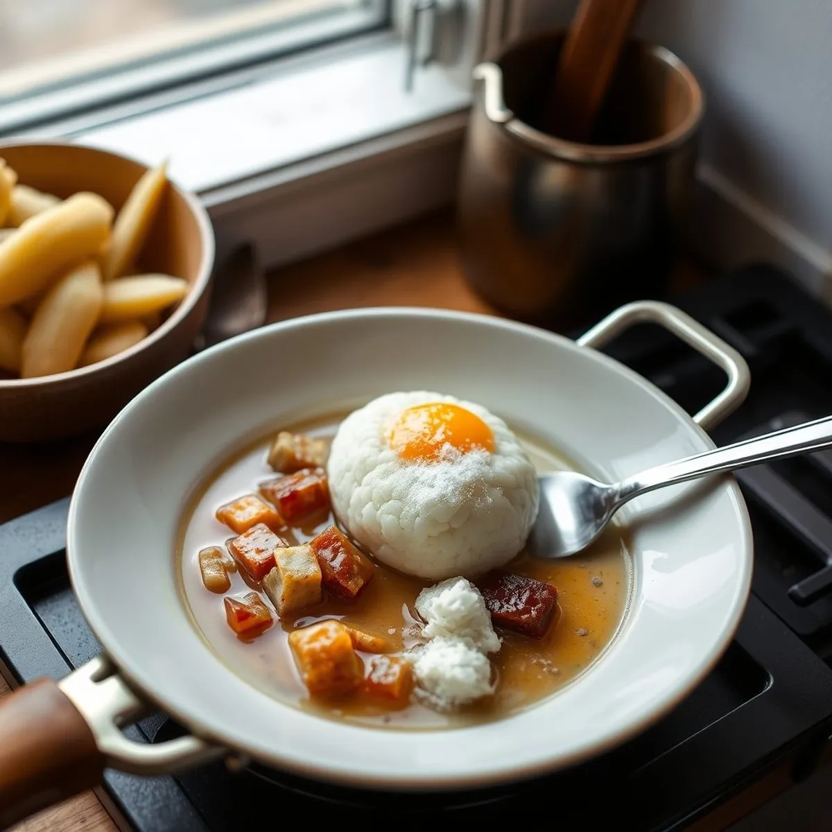 AI-generated photo Loco moco, step 1. AI-generated photo.