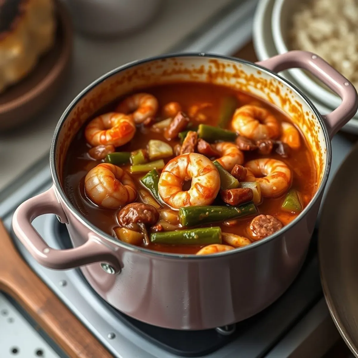 Seafood gumbo, step 2. AI-generated photo.
