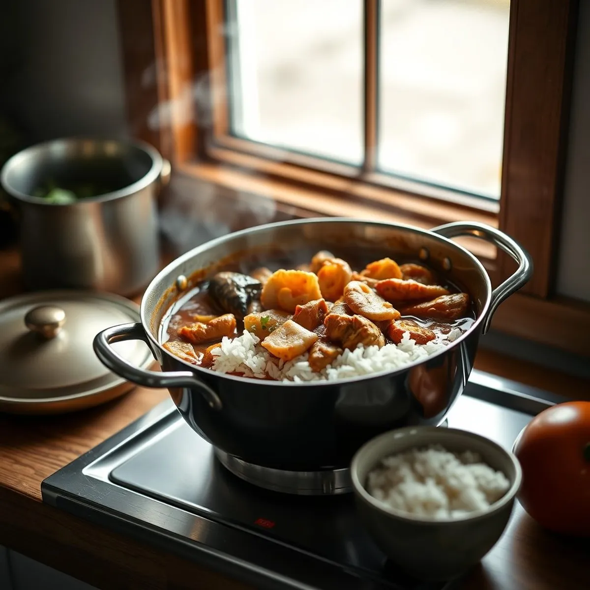 Seafood gumbo, step 4. AI-generated photo.