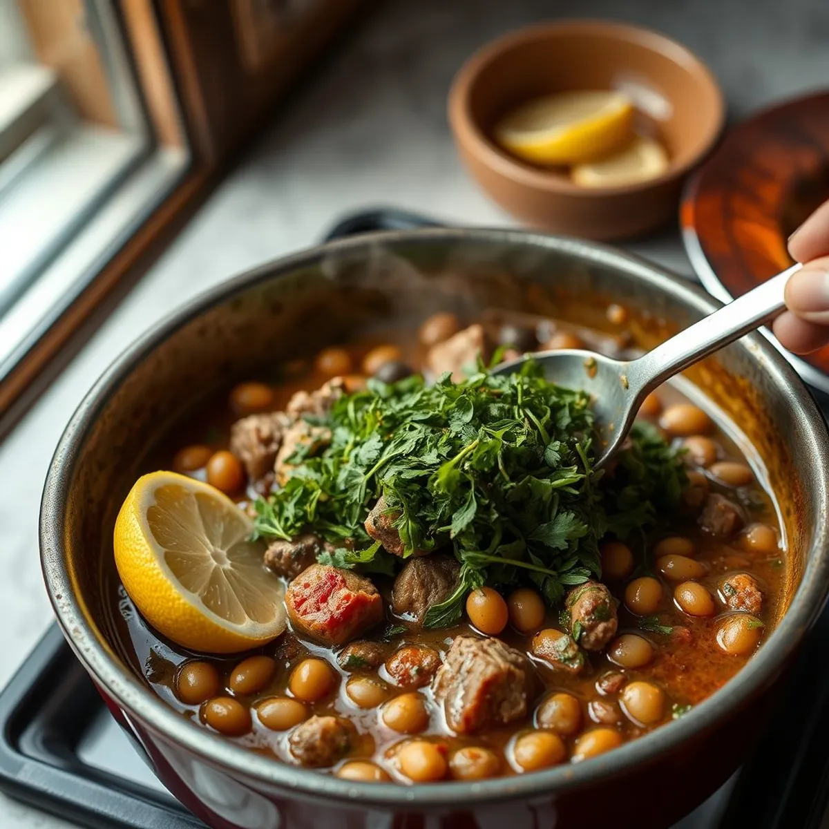 AI-generated photo Ghormeh sabzi, step 2. AI-generated photo.