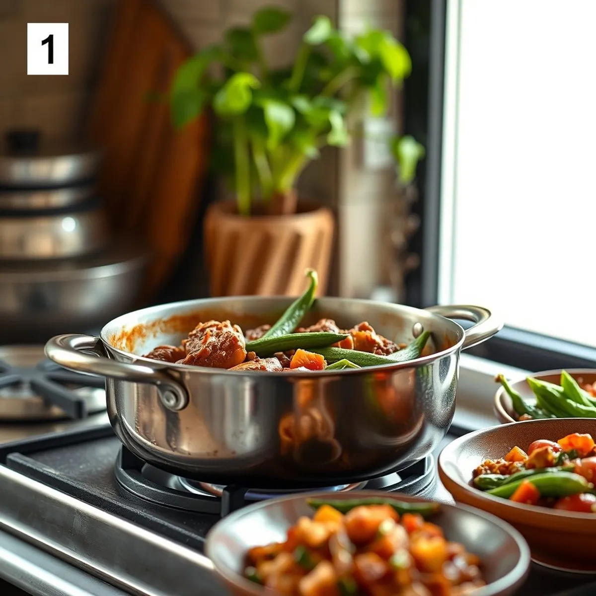 AI-generated photo Okra and lamb, step 1. AI-generated photo.