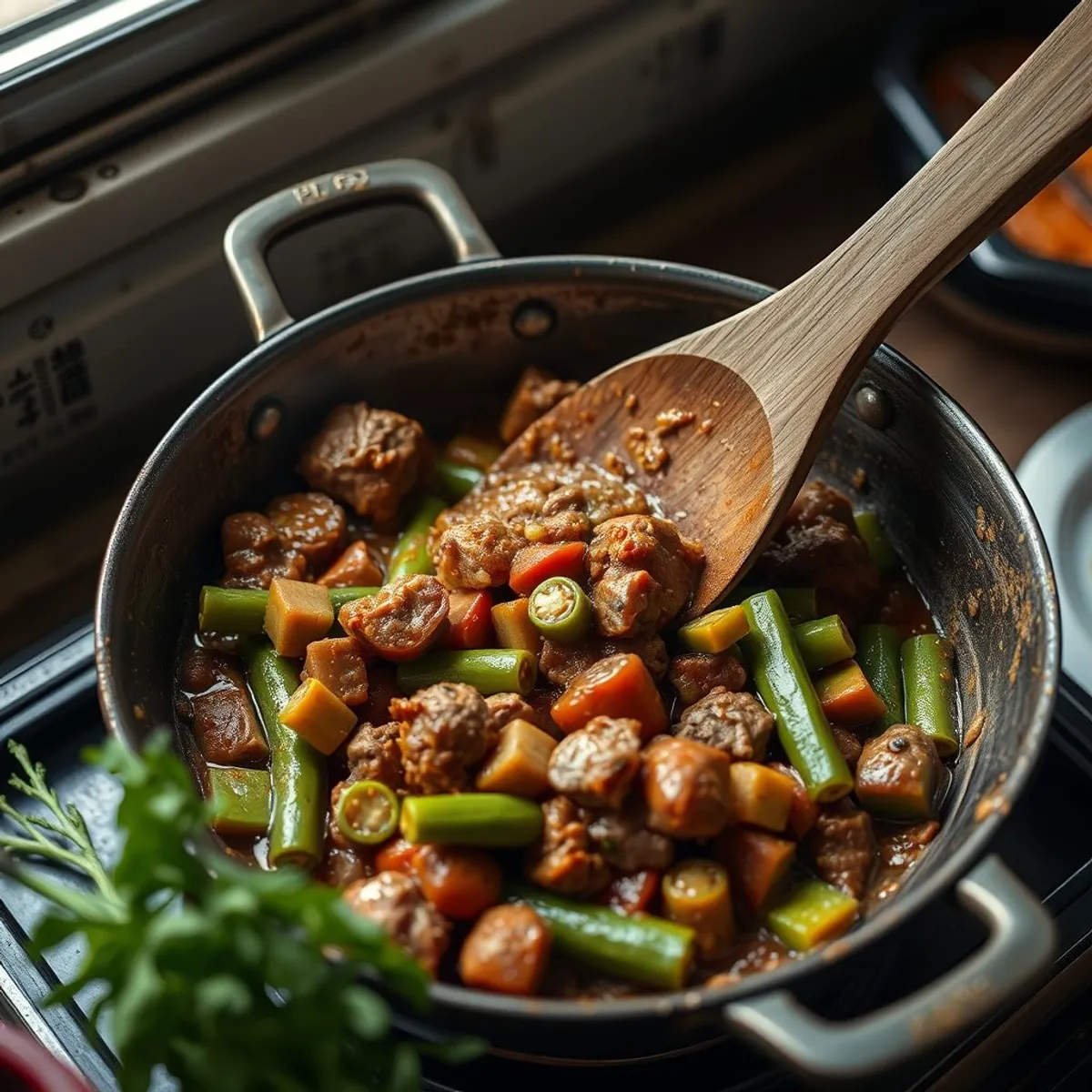 AI-generated photo Okra and lamb, step 2. AI-generated photo.