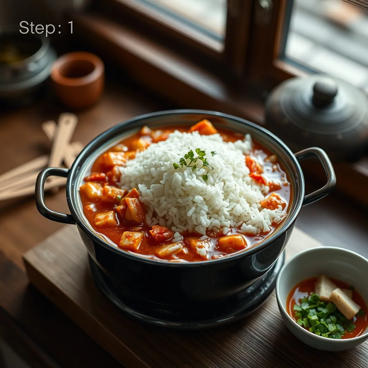 Kimchi Tofu Stew, step 1. AI-generated photo.