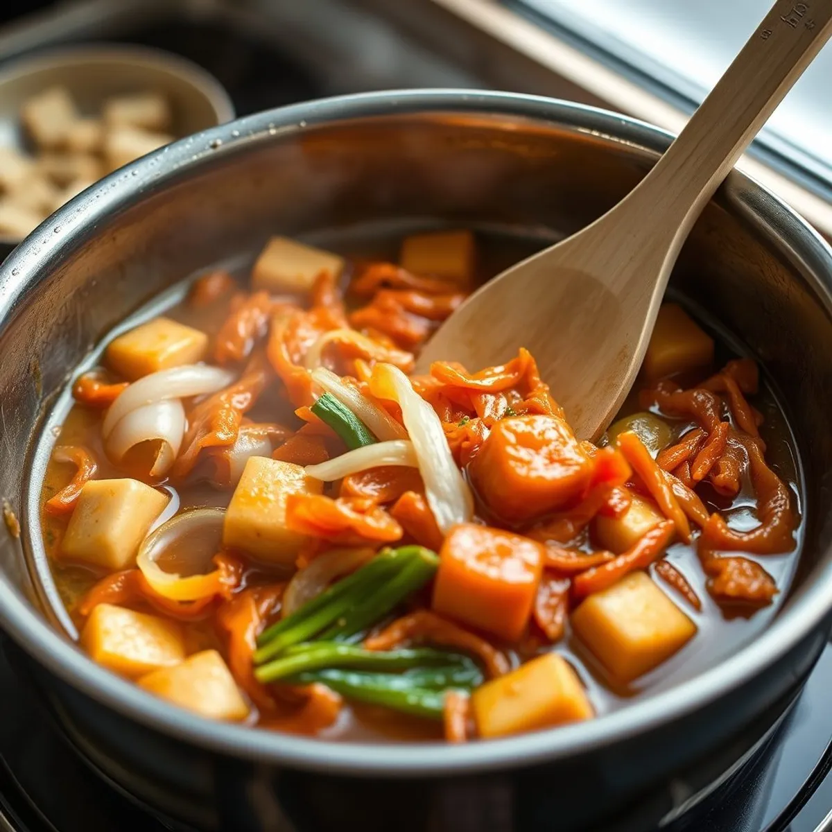 Kimchi Tofu Stew, step 2. AI-generated photo.