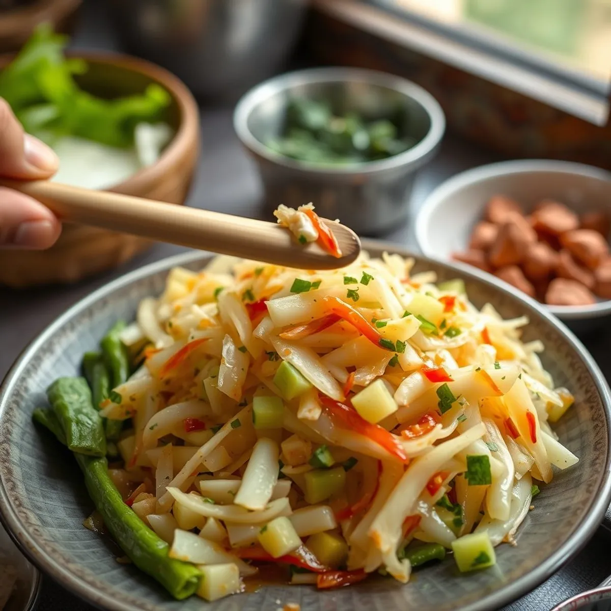 Green papaya salad, step 2. AI-generated photo.