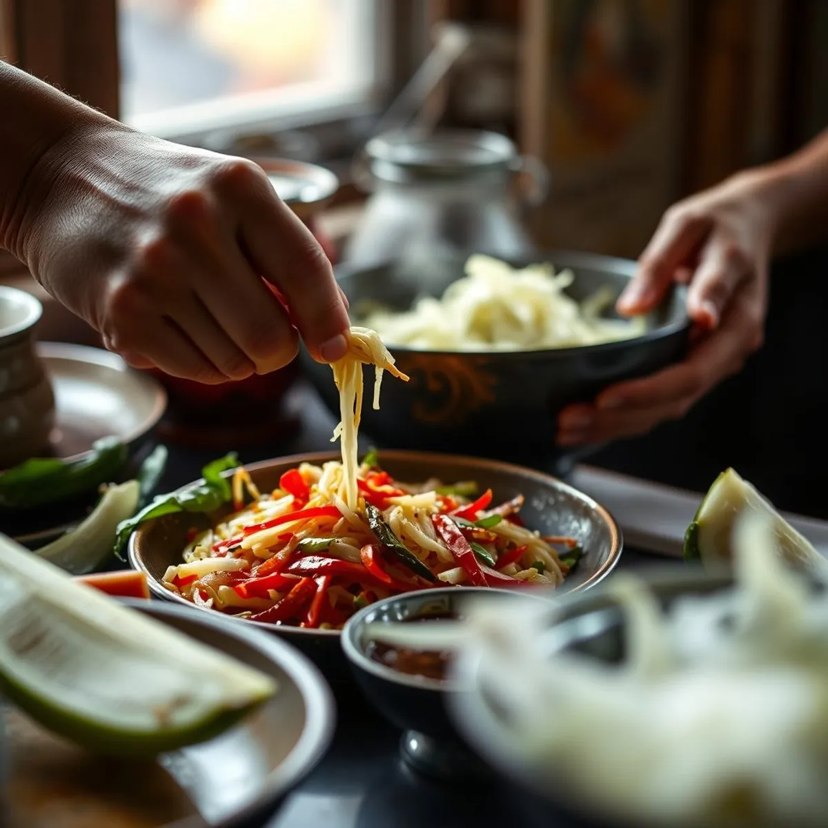 Green papaya salad, step 3. AI-generated photo.