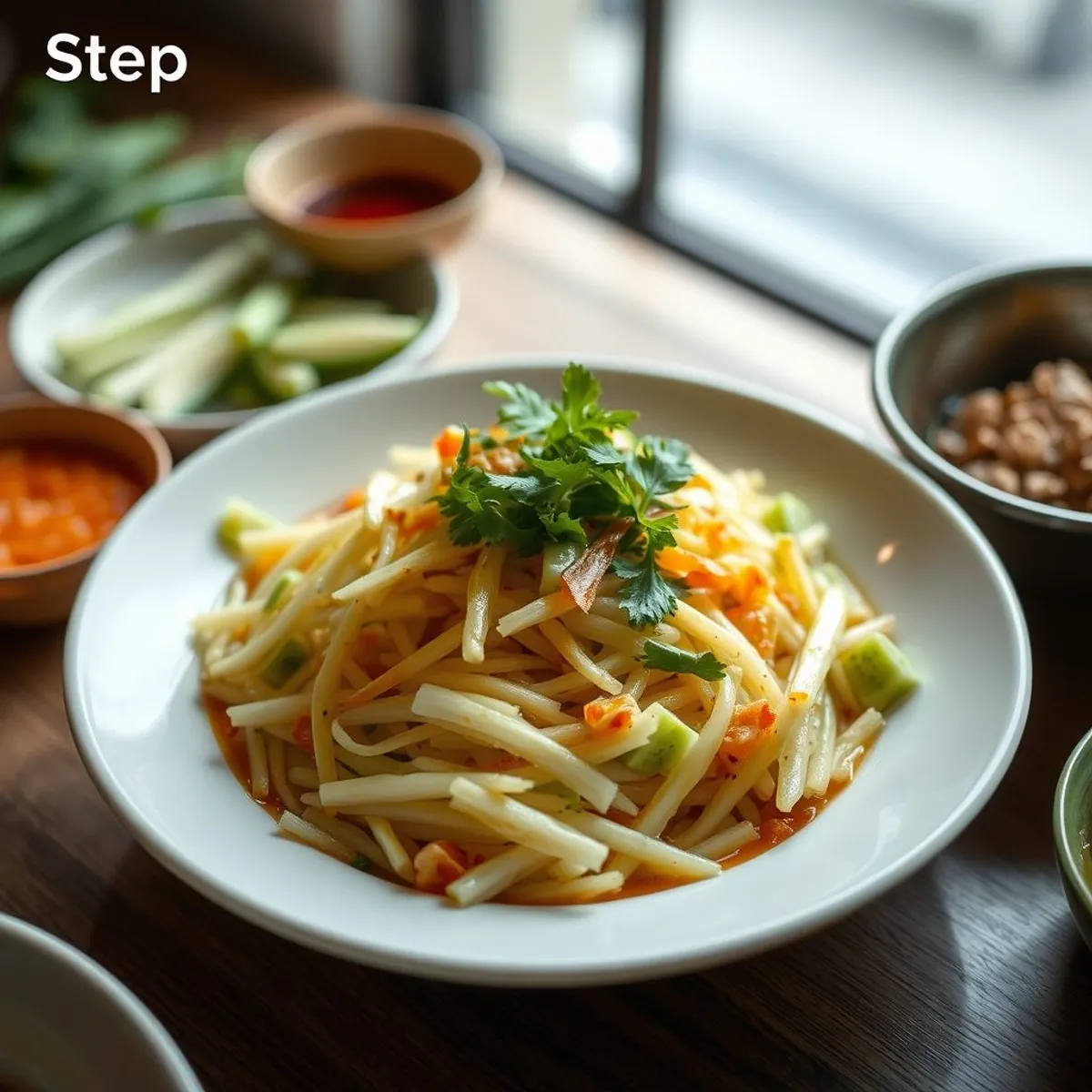 Green papaya salad, step 4. AI-generated photo.