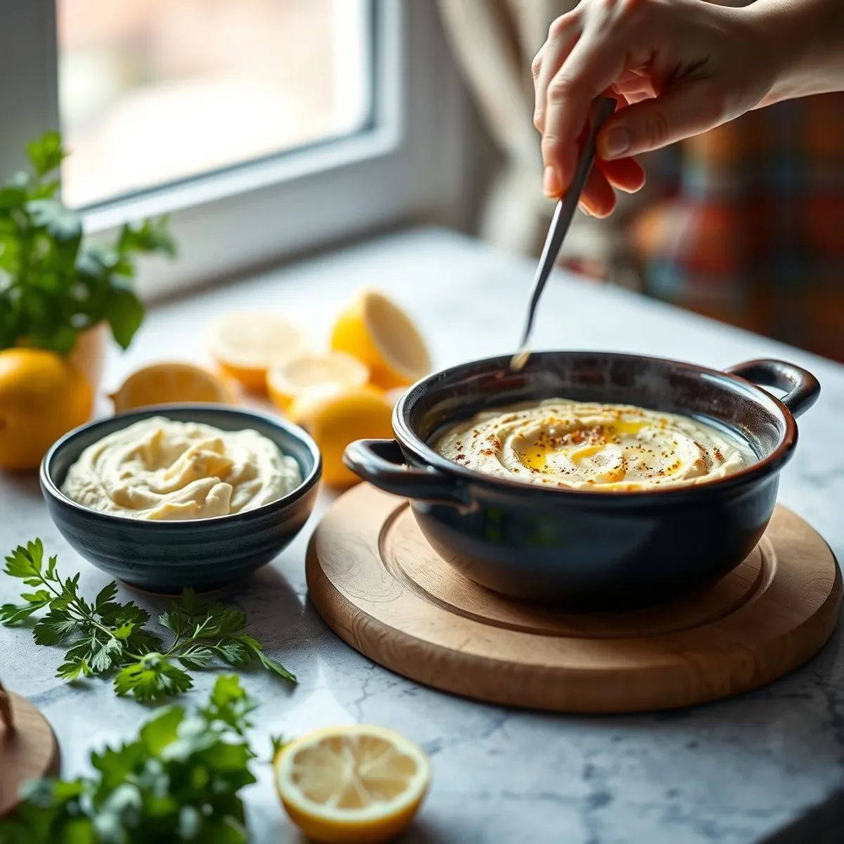 AI-generated photo Lemon Hummus, step 4. AI-generated photo.