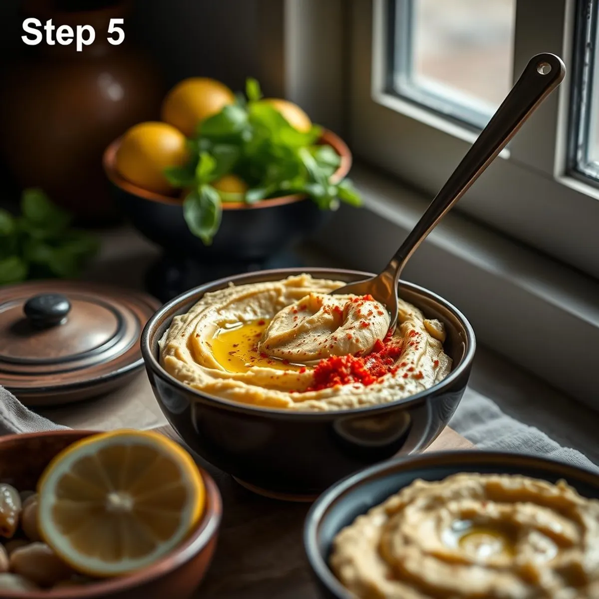 AI-generated photo Lemon Hummus, step 5. AI-generated photo.