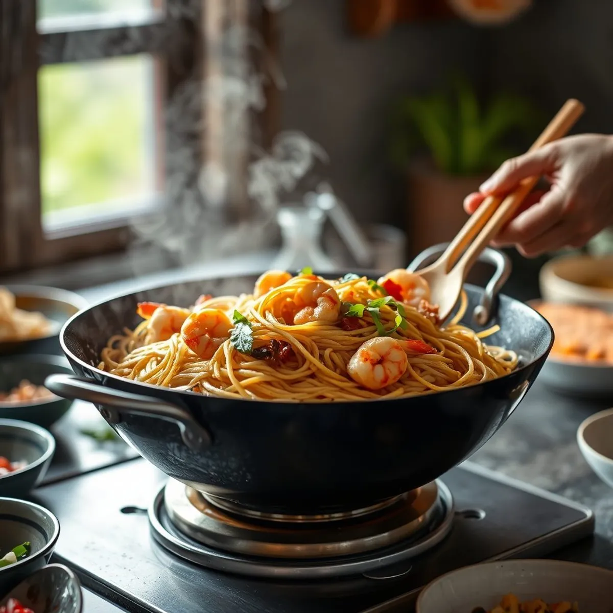 AI-generated photo Char kway teow, step 1. AI-generated photo.
