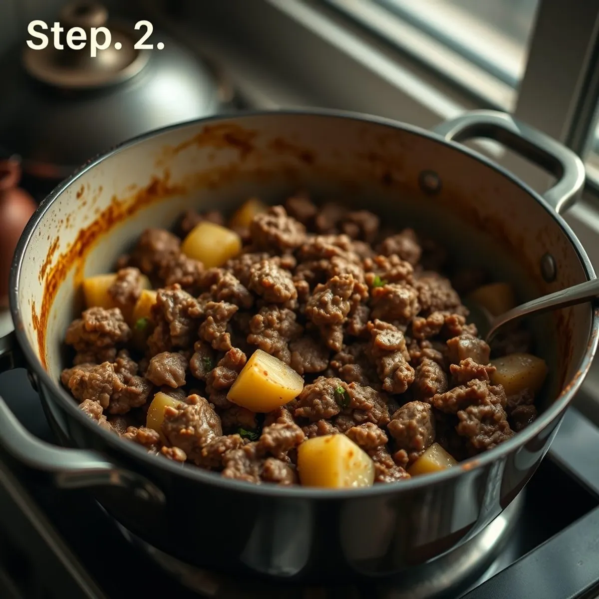 AI-generated photo Aloo keema, step 2. AI-generated photo.