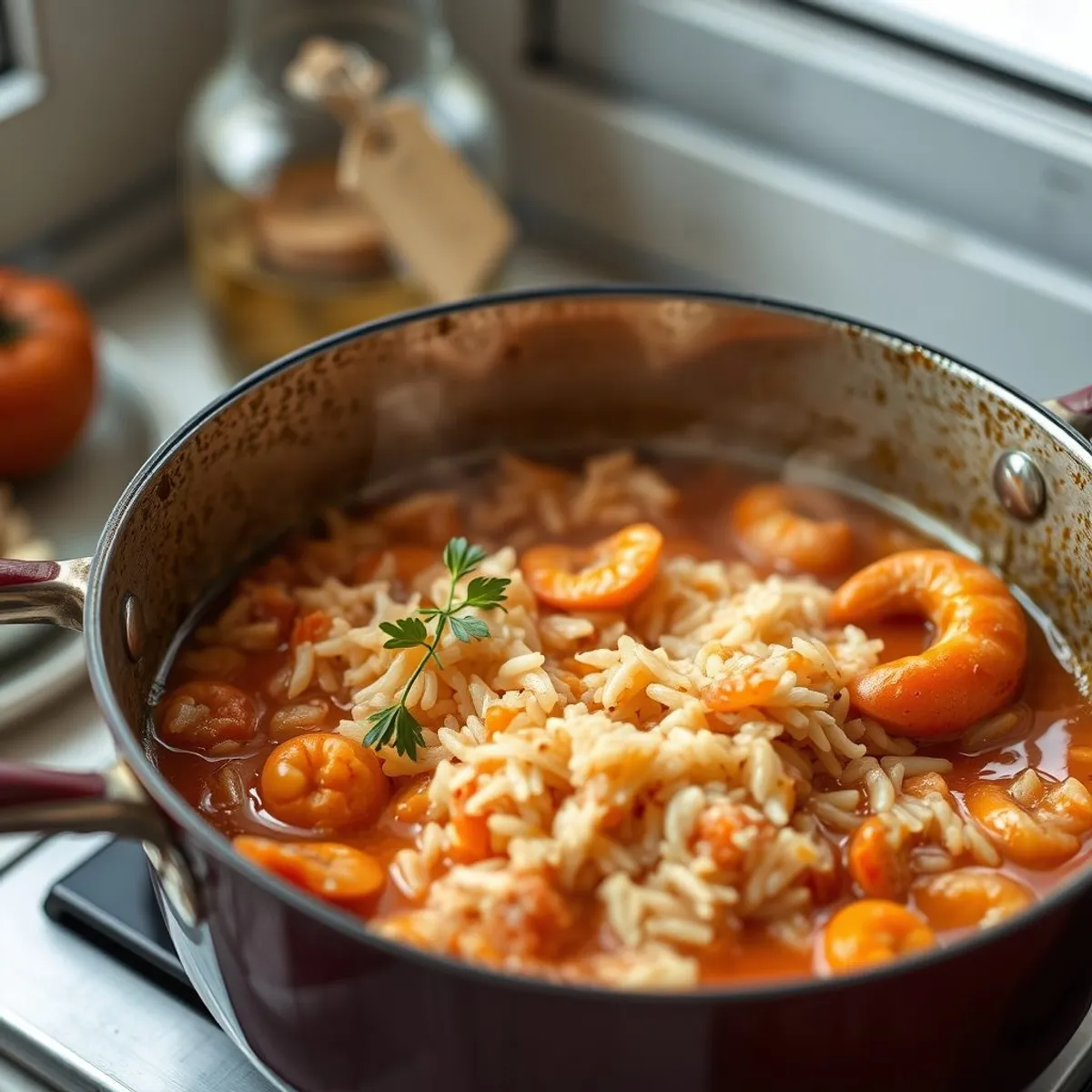 AI-generated photo Tomato rice with seafood, step 3. AI-generated photo.