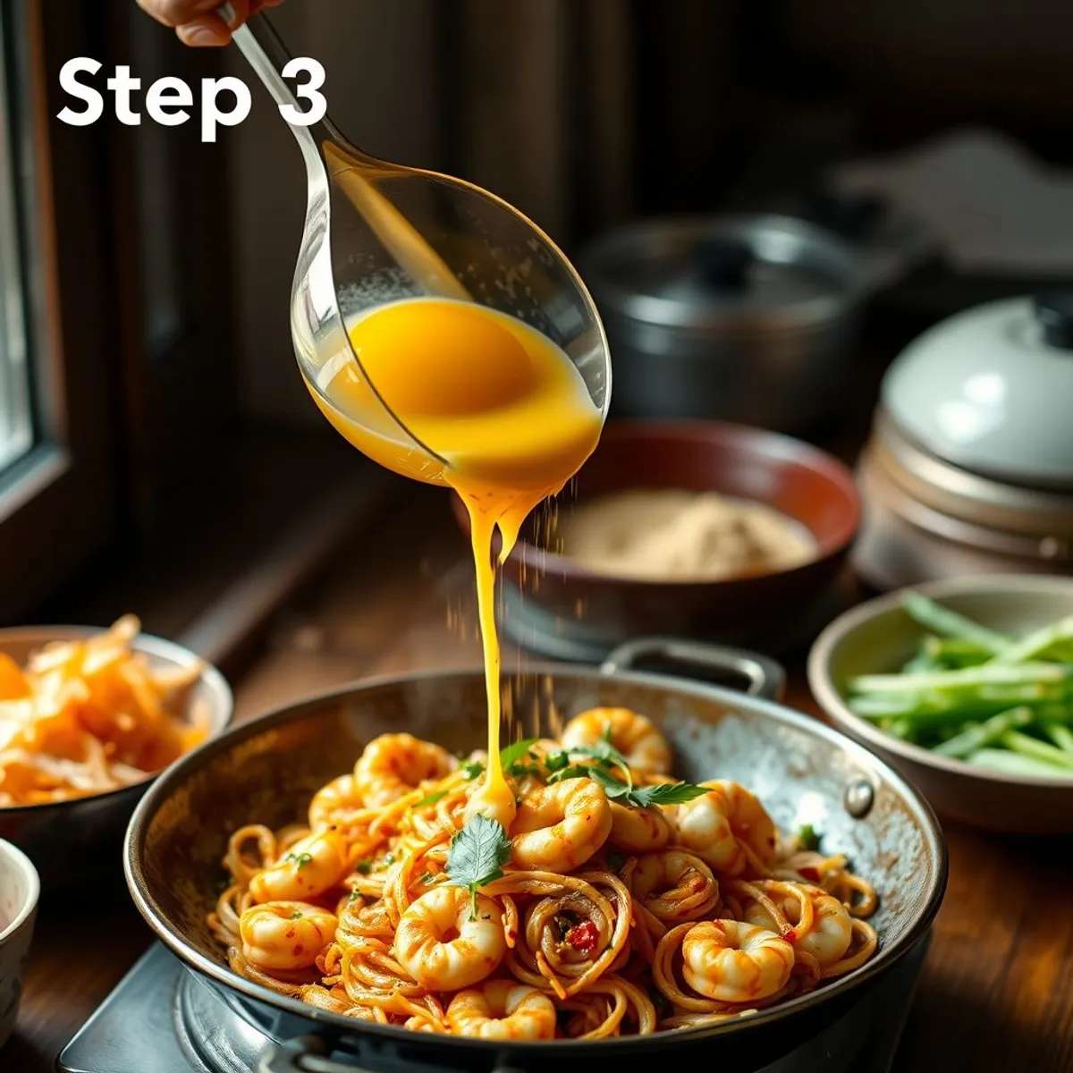 AI-generated photo Prawn Pad Thai, step 3. AI-generated photo.