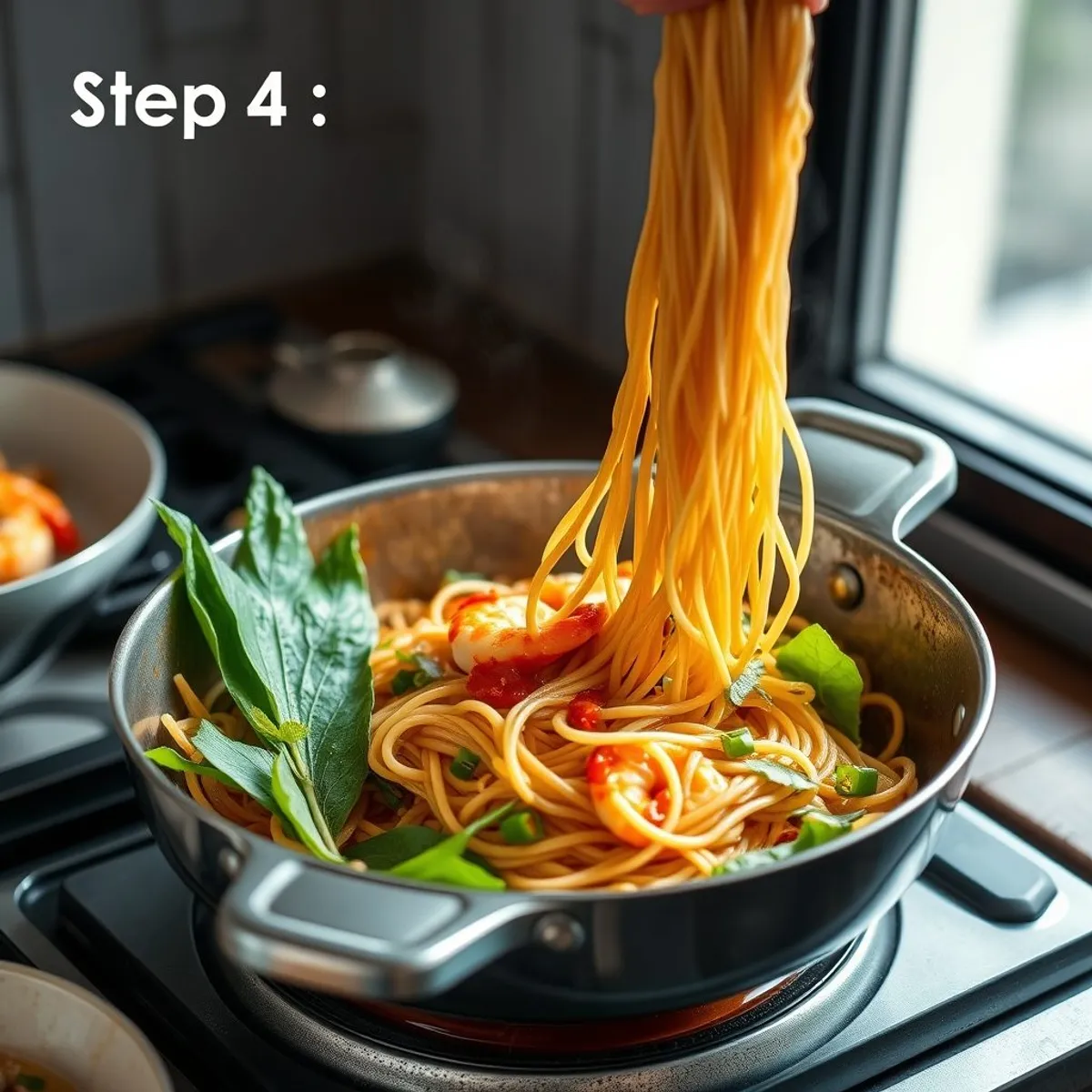 AI-generated photo Prawn Pad Thai, step 4. AI-generated photo.