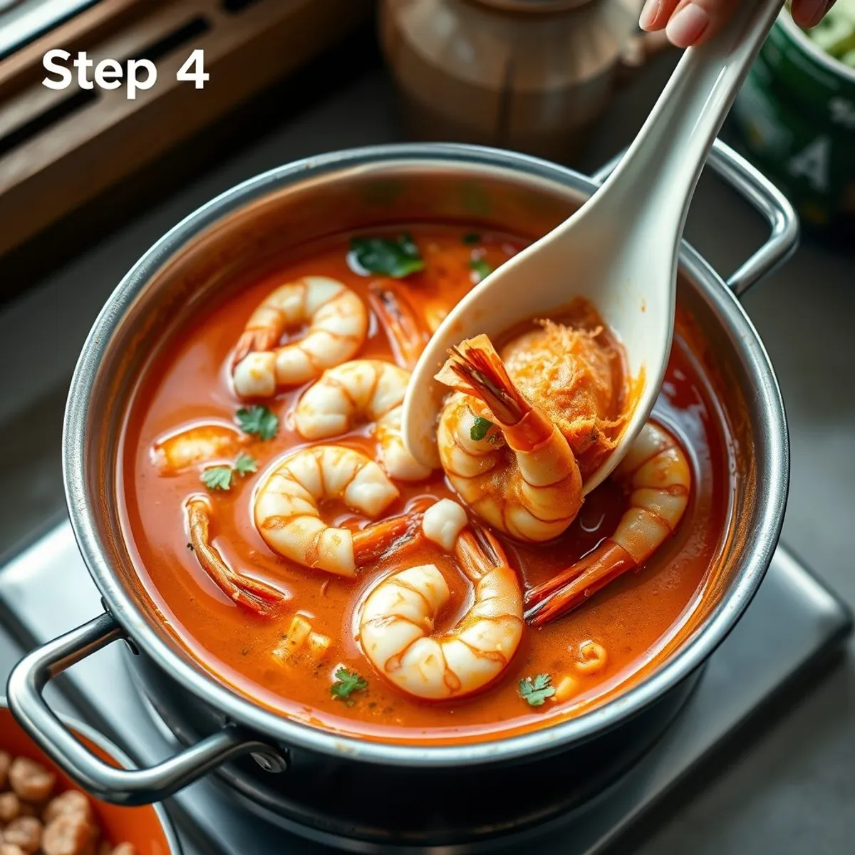 AI-generated photo Prawn Tom Yum, step 4. AI-generated photo.