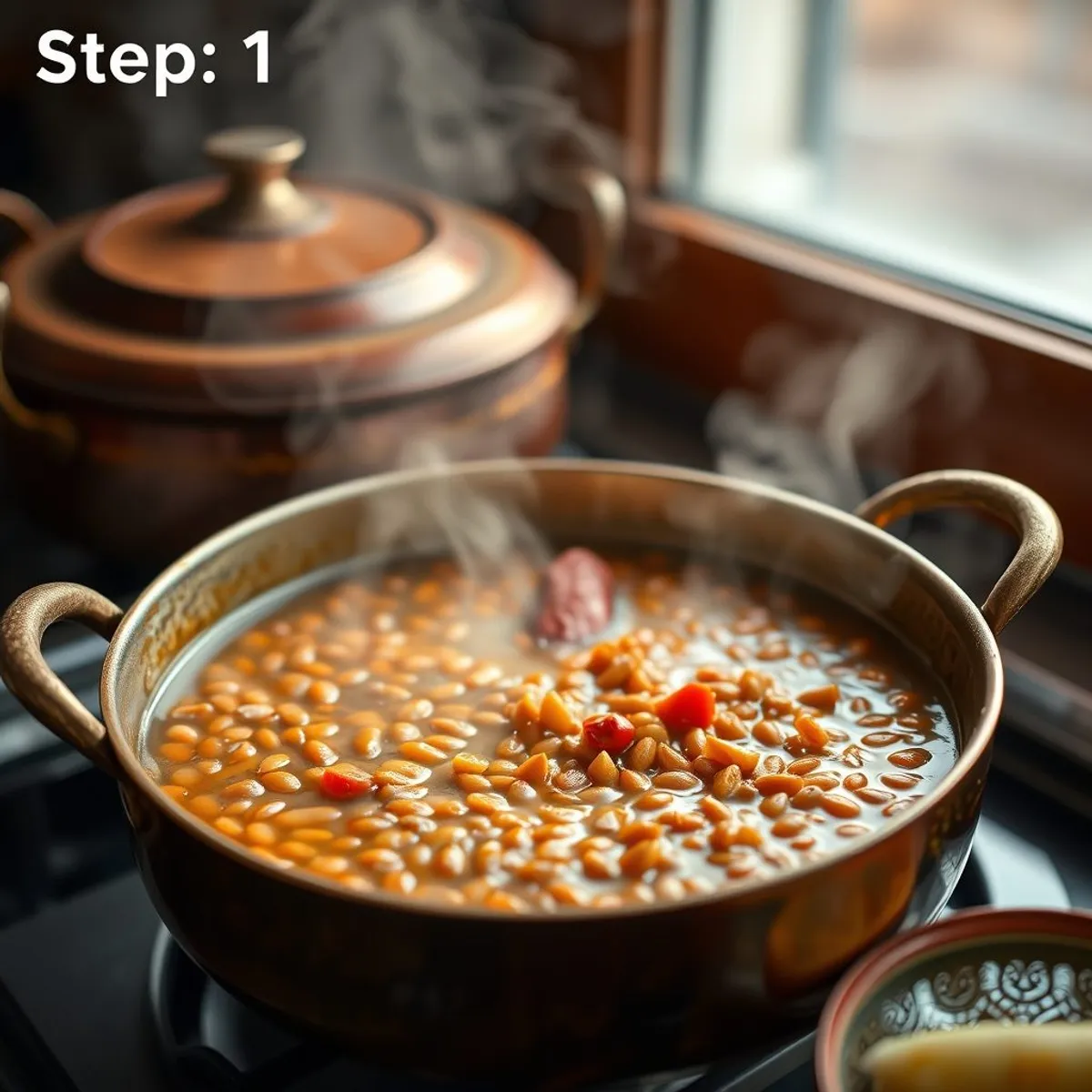 AI-generated photo Red Lentil Tadka, step 1. AI-generated photo.