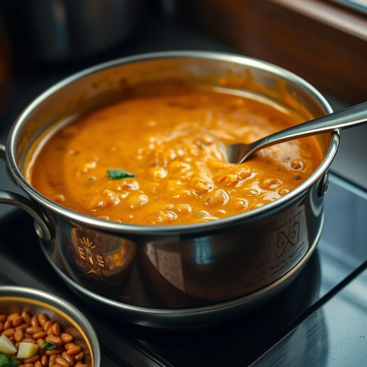 AI-generated photo Red Lentil Tadka, step 2. AI-generated photo.