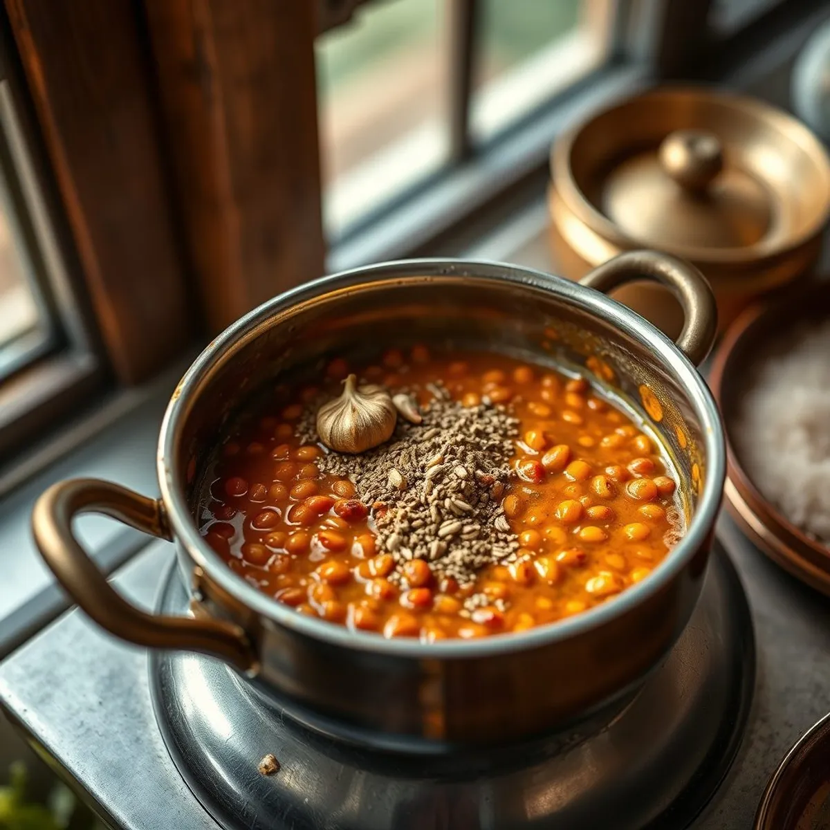 AI-generated photo Red Lentil Tadka, step 3. AI-generated photo.