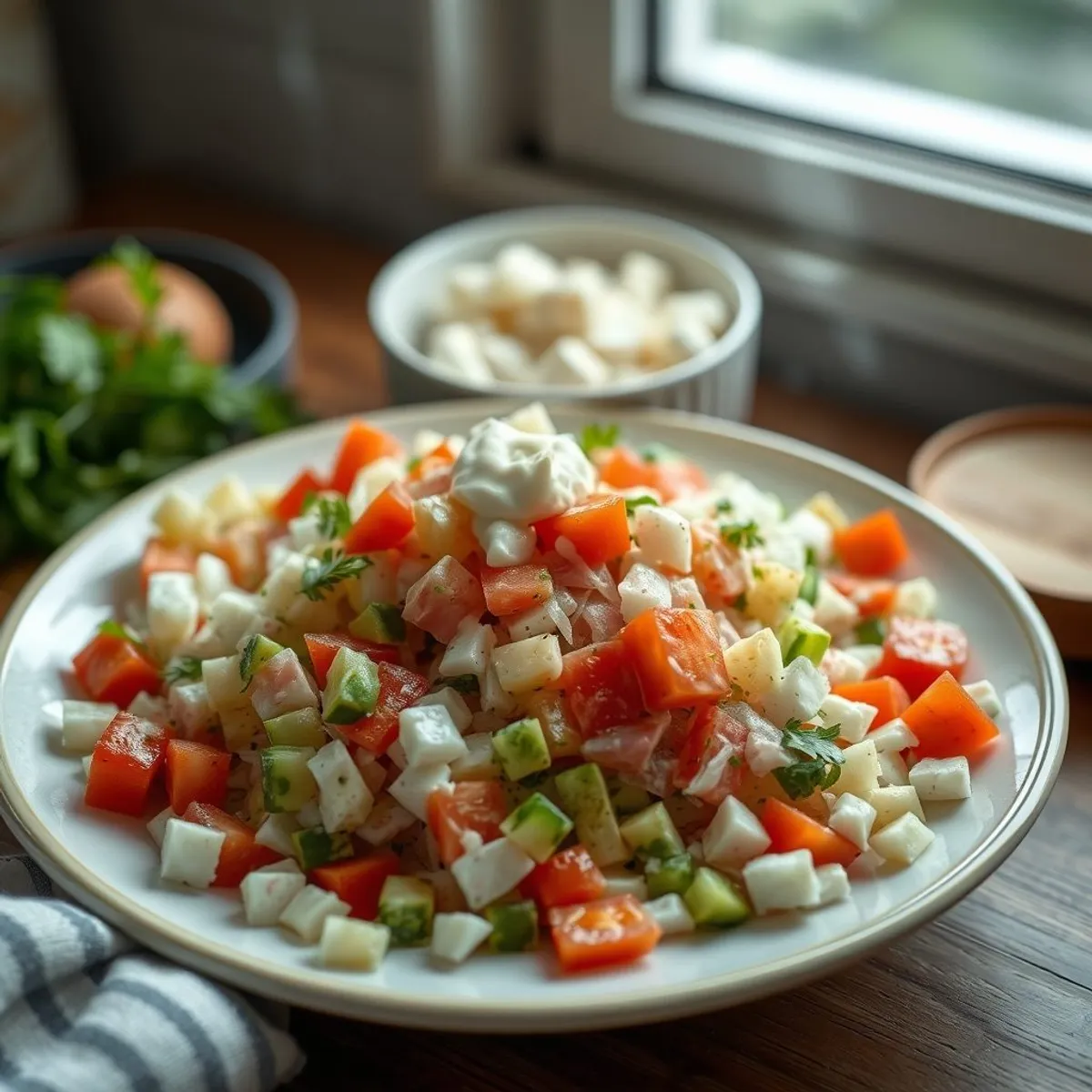 AI-generated photo Olivier salad, step 2. AI-generated photo.
