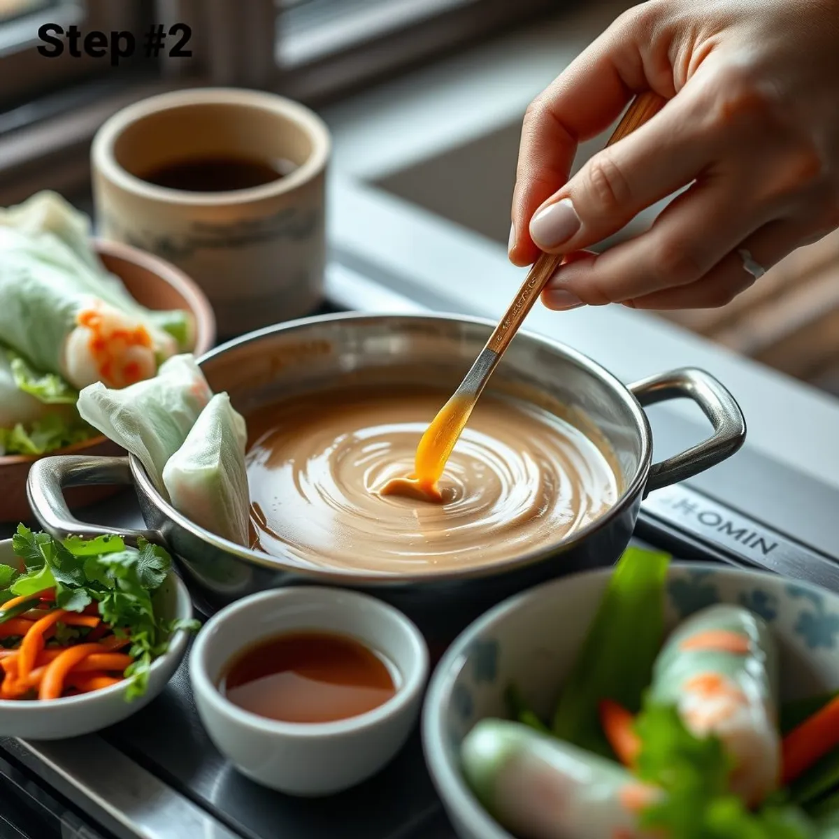 Shrimp Herb Summer Rolls, step 2. AI-generated photo.