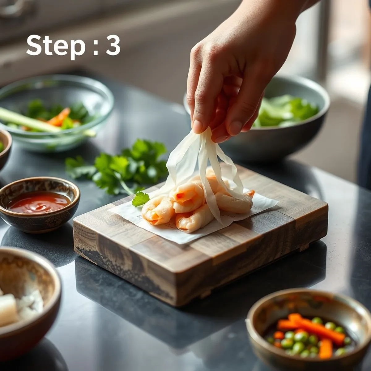 Shrimp Herb Summer Rolls, step 3. AI-generated photo.
