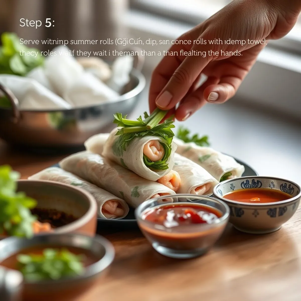 Shrimp Herb Summer Rolls, step 5. AI-generated photo.