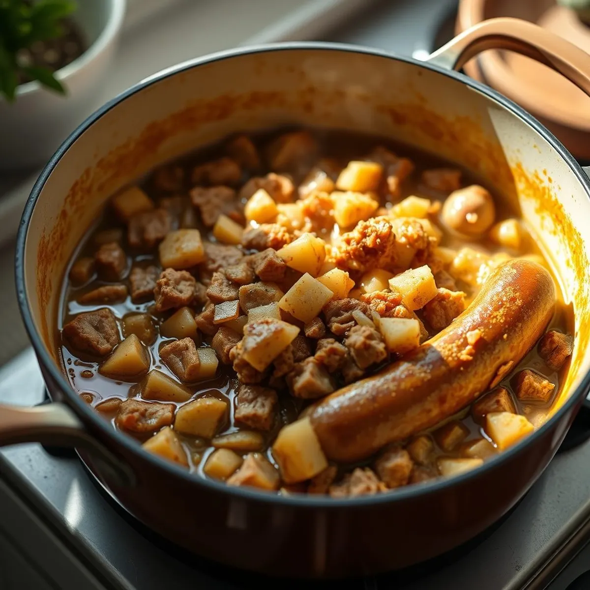 AI-generated photo Curried sausages, step 2. AI-generated photo.