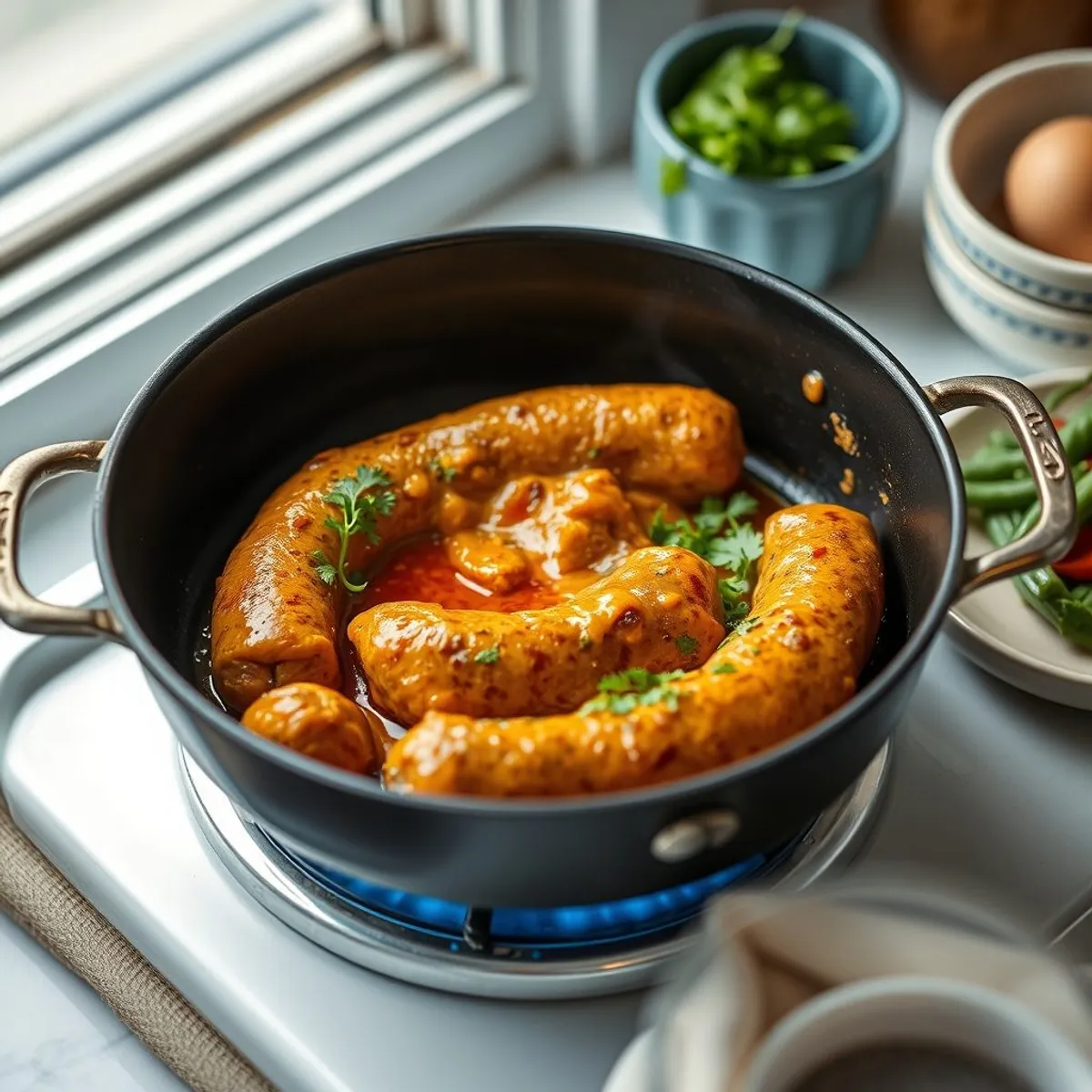 AI-generated photo Curried sausages, step 3. AI-generated photo.