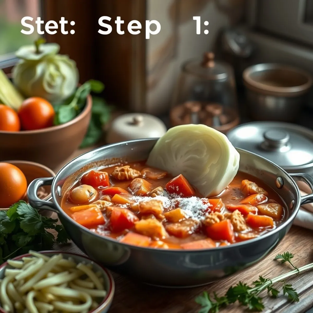AI-generated photo Cabbage goulash, step 1. AI-generated photo.