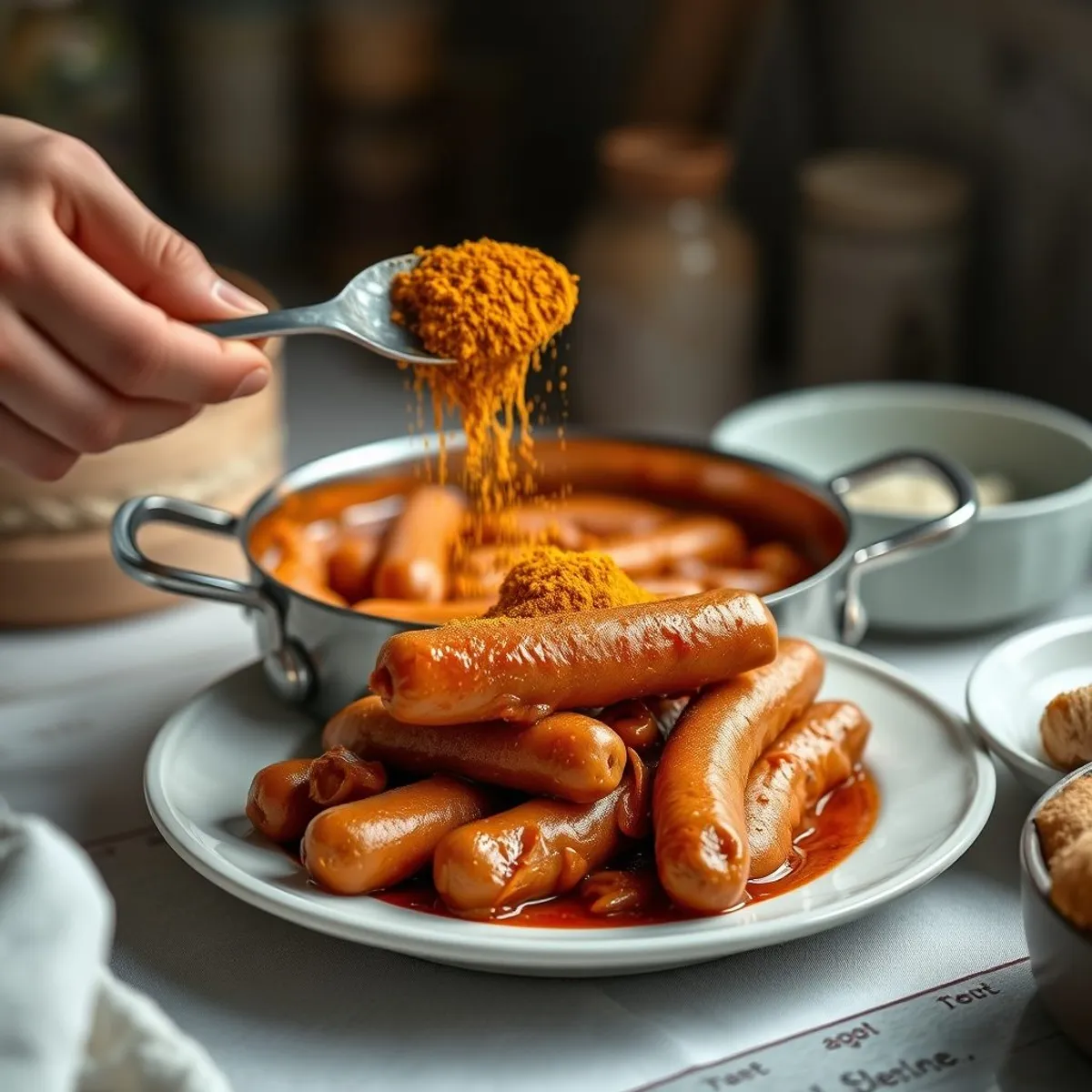AI-generated photo Currywurst, step 4. AI-generated photo.