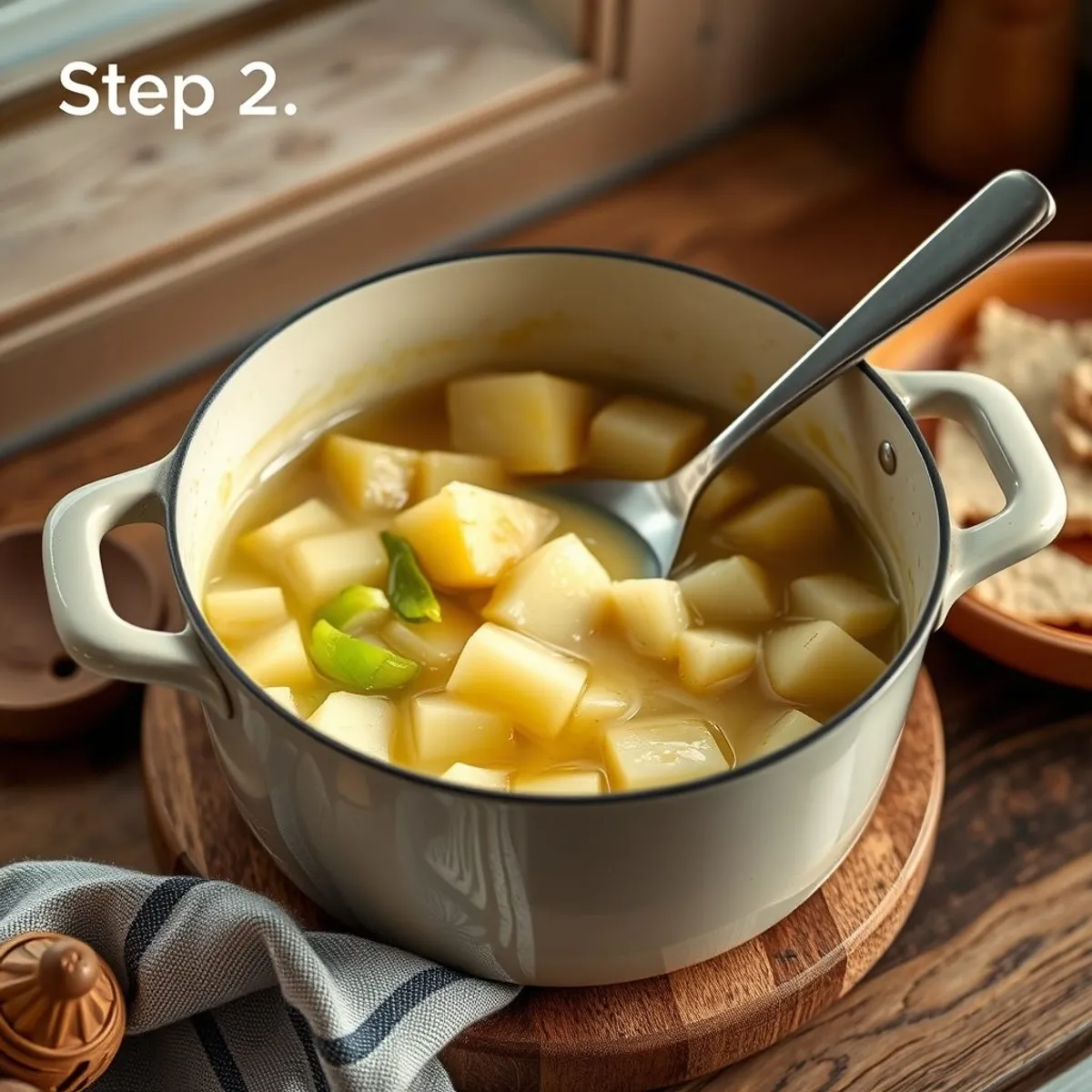 AI-generated photo Potato and leek soup, step 2. AI-generated photo.