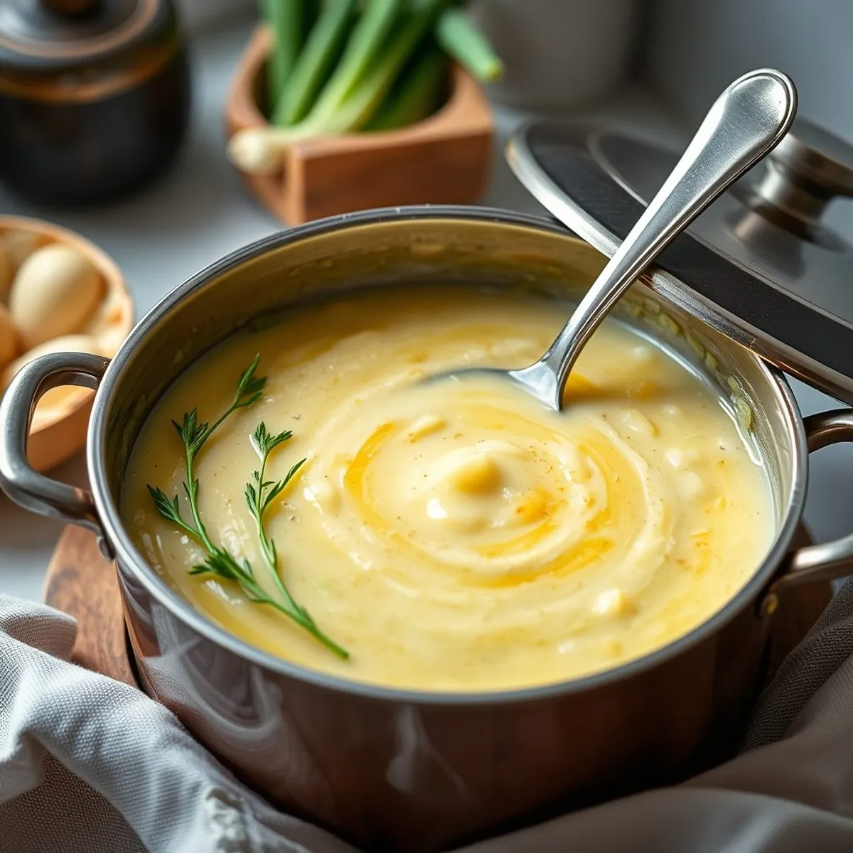 AI-generated photo Potato and leek soup, step 4. AI-generated photo.