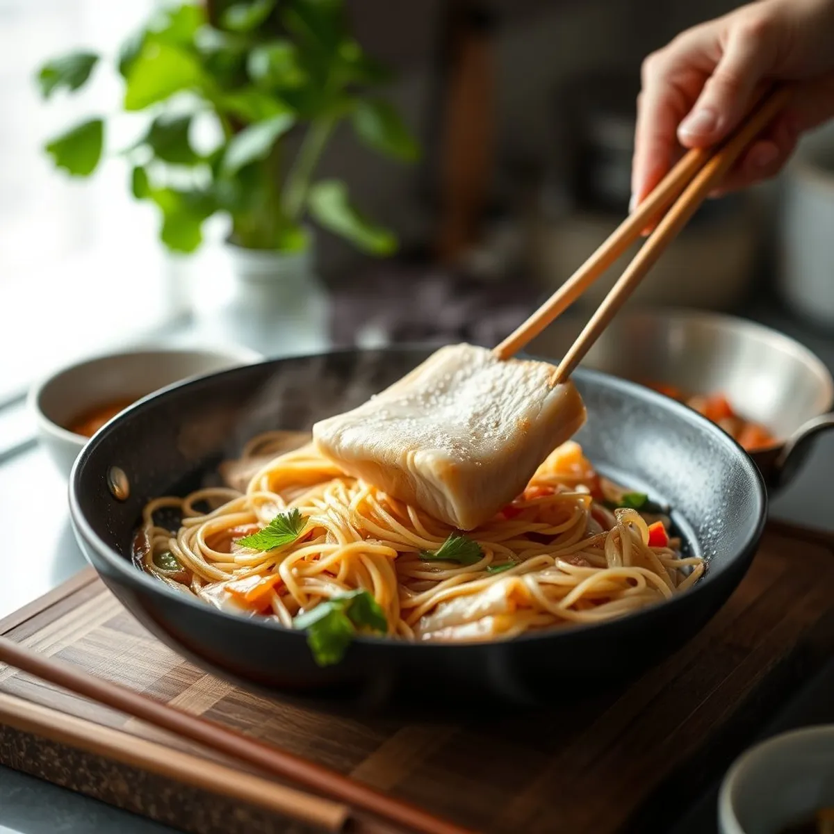 AI-generated photo Bak chor mee, step 1. AI-generated photo.