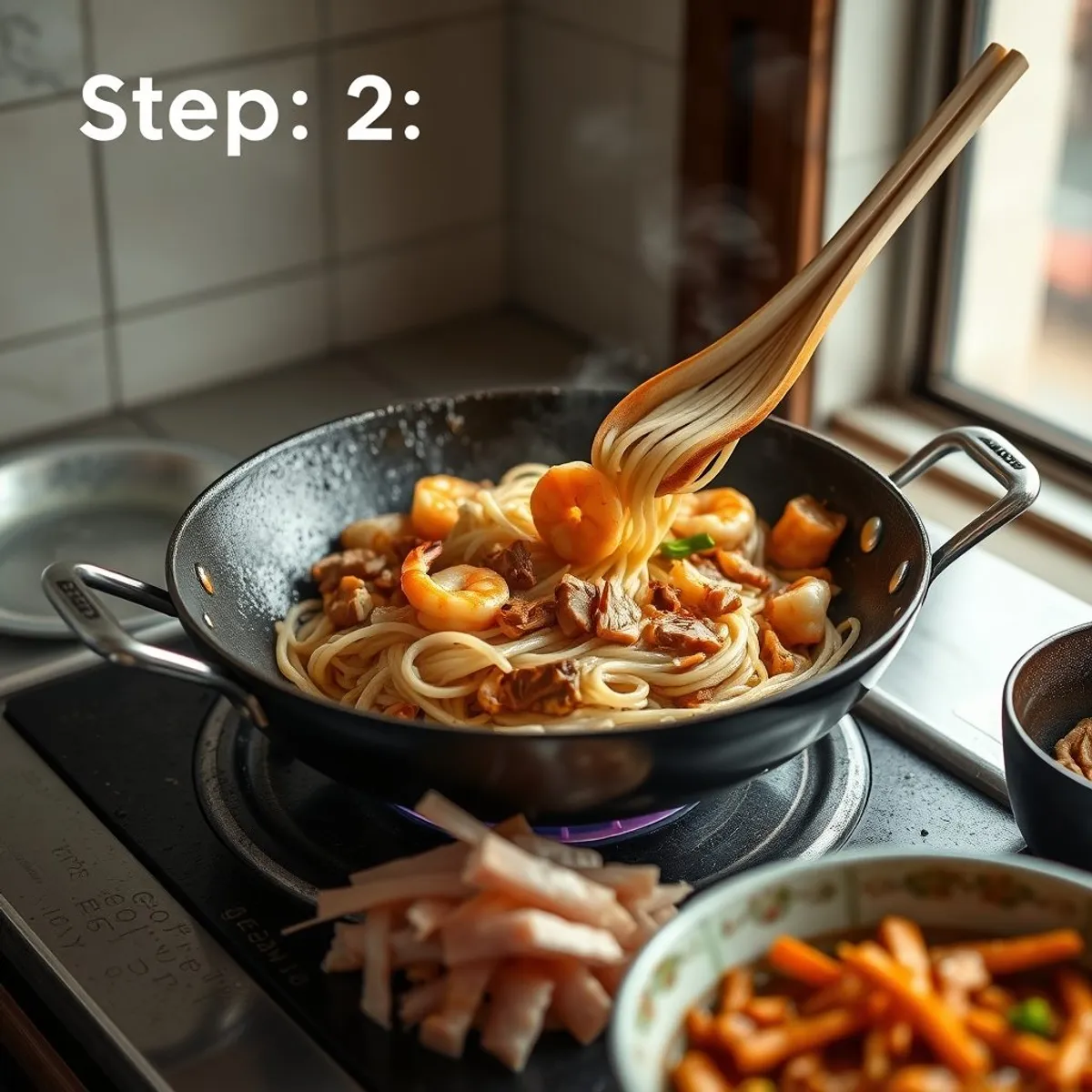 Char kway teow, step 2. AI-generated photo.