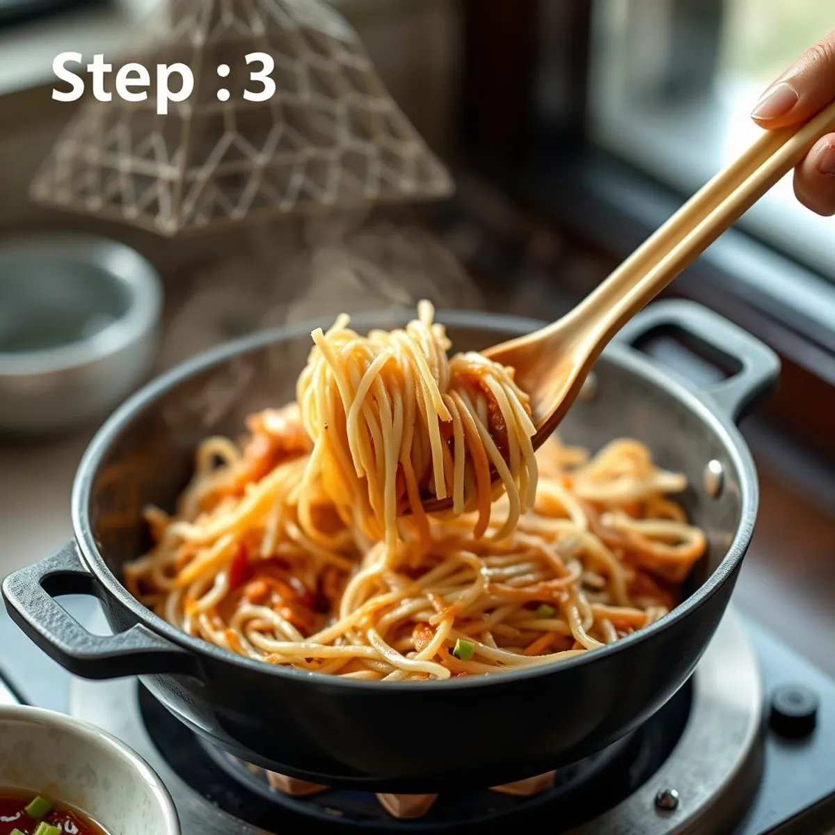 Char kway teow, step 3. AI-generated photo.