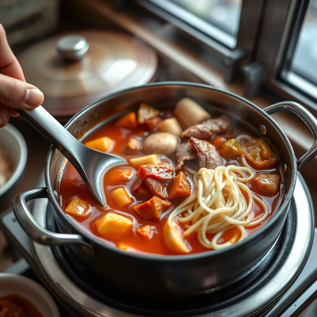Budae jjigae, step 2. AI-generated photo.
