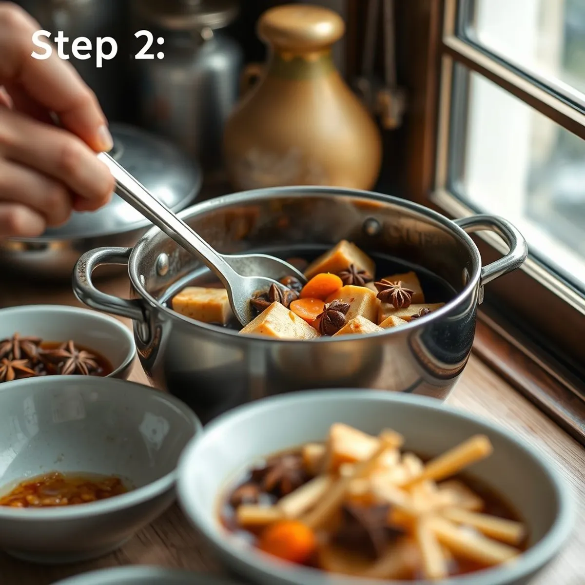 AI-generated photo Braised tofu, step 2. AI-generated photo.
