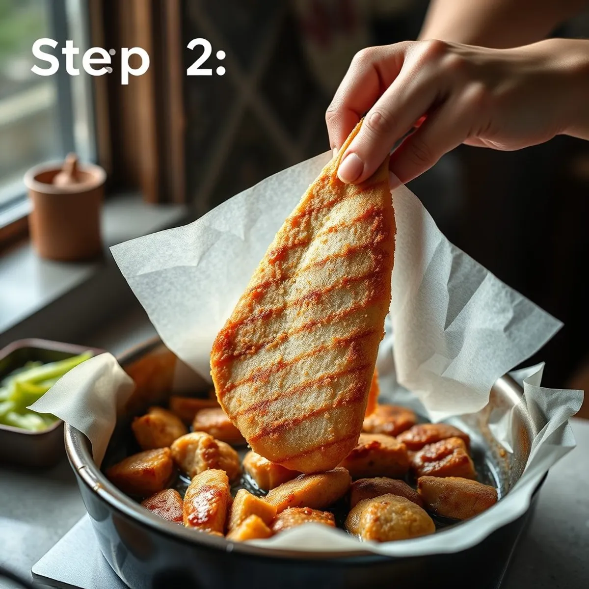 Chicken cutlet, step 2. AI-generated photo.