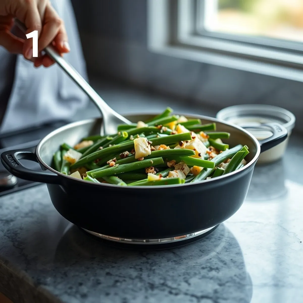 AI-generated photo Green bean casserole, step 1. AI-generated photo.