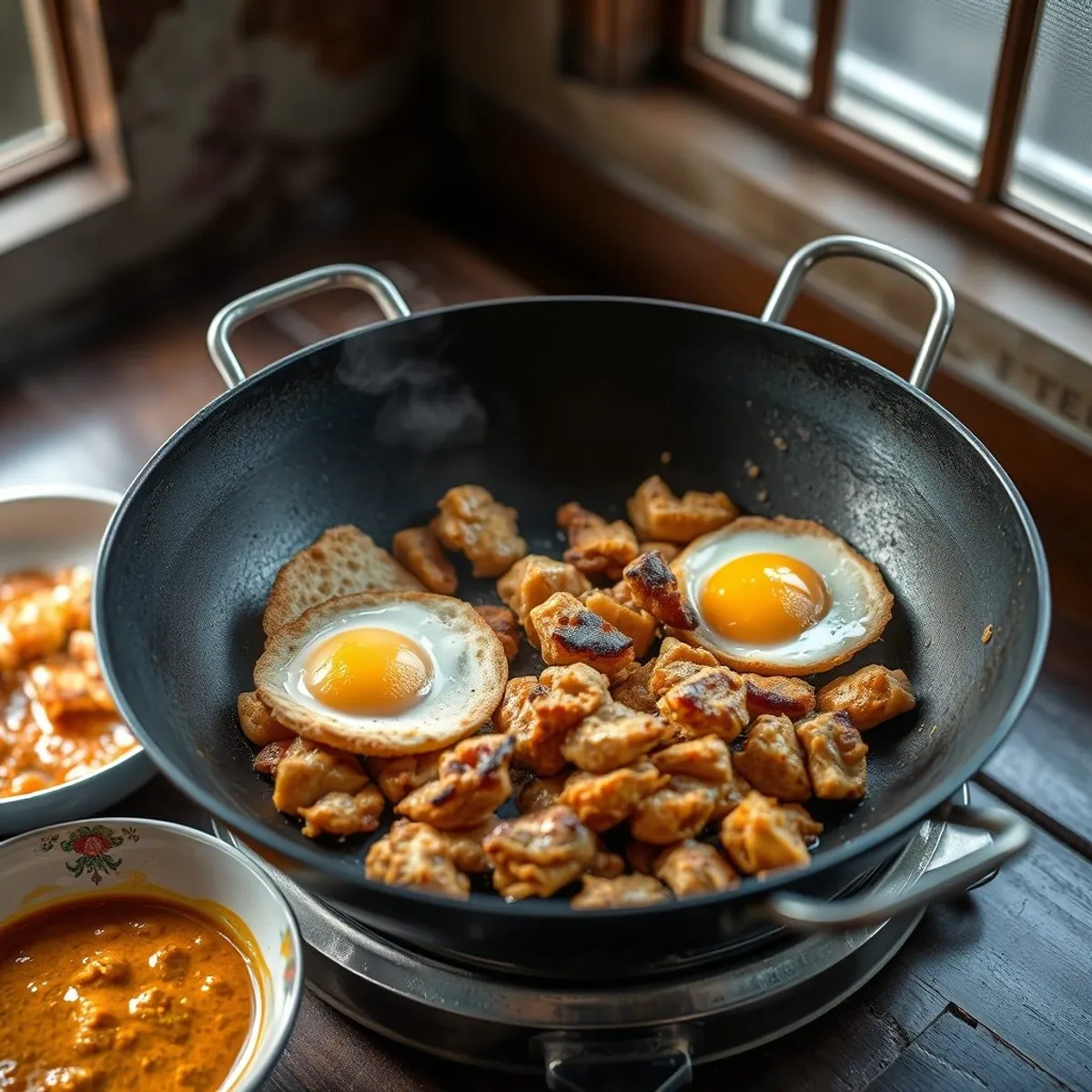 AI-generated photo Chicken kottu, step 1. AI-generated photo.