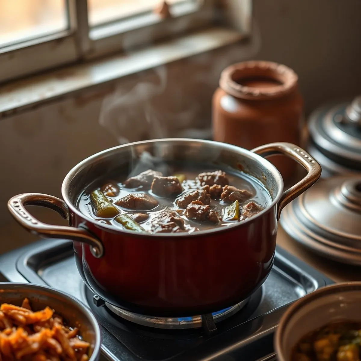 AI-generated photo Beef and okra stew, step 1. AI-generated photo.