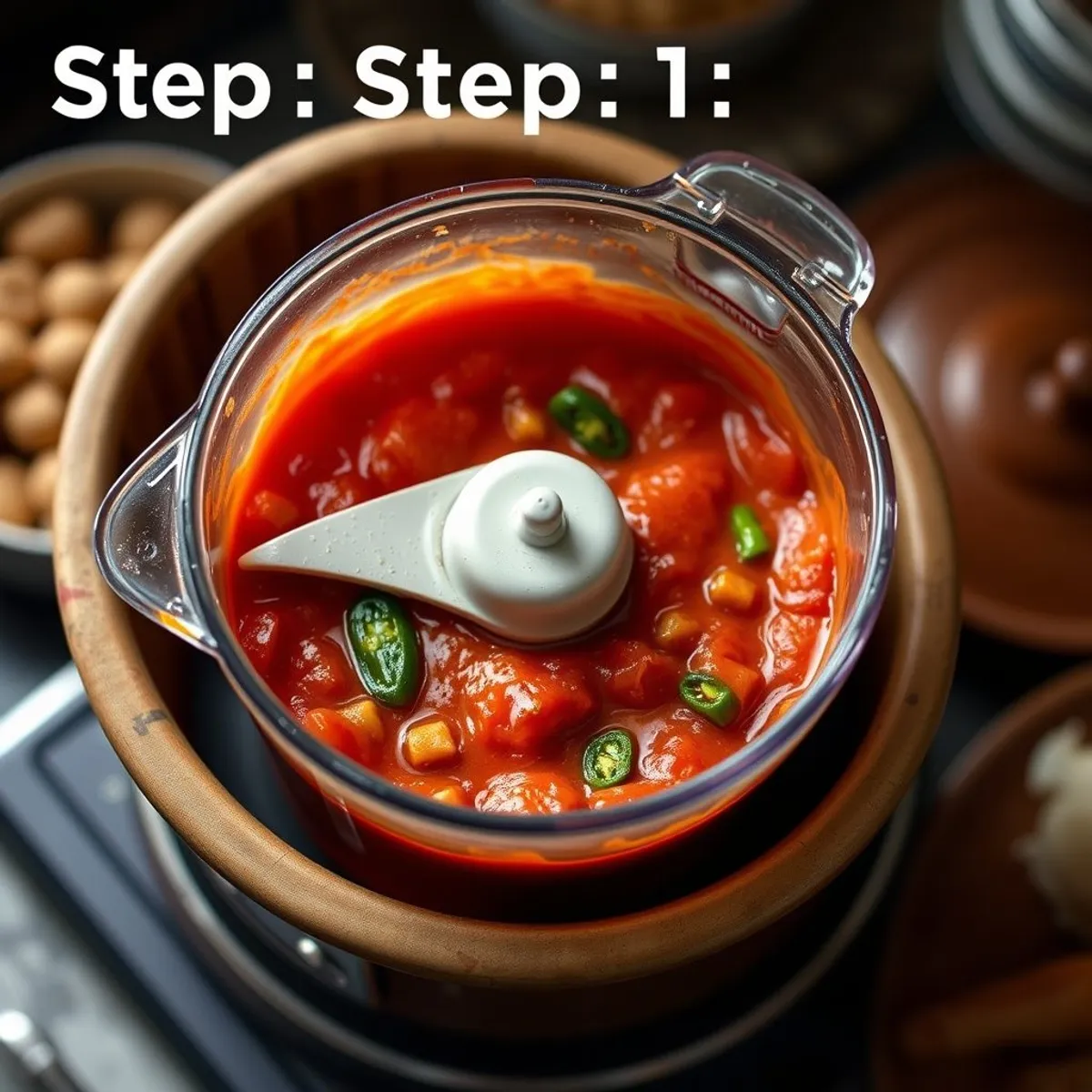 AI-generated photo Tomato Jollof, step 1. AI-generated photo.