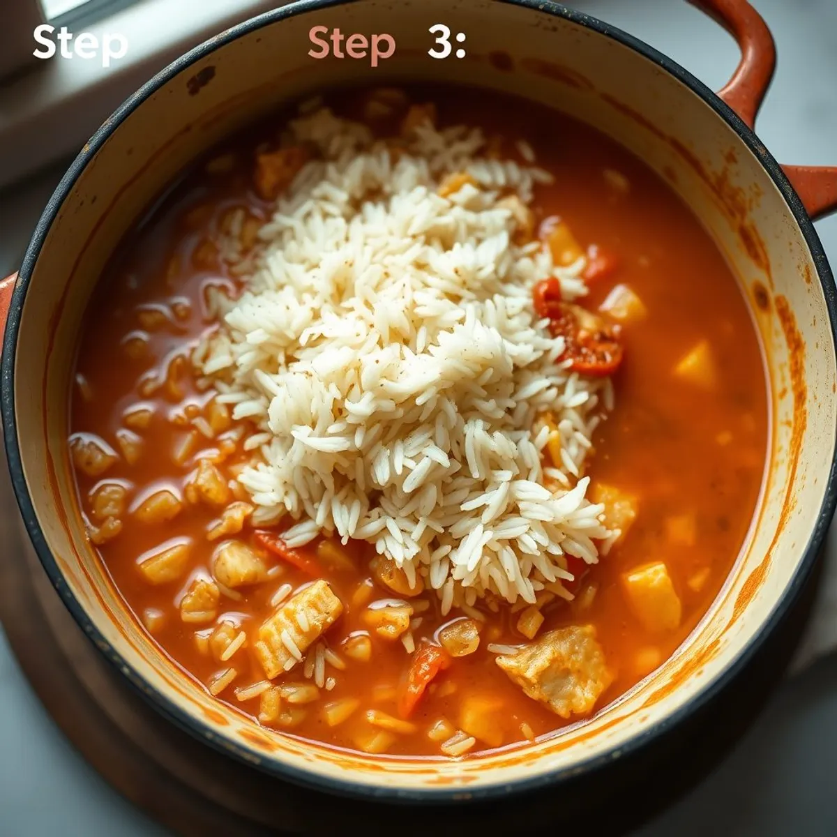 AI-generated photo Tomato Jollof, step 3. AI-generated photo.