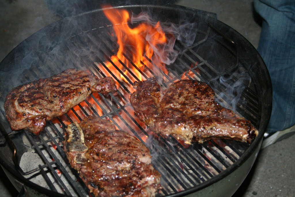 Photoreal photograph of the finished dish Grilled steak (Nama), the actual plate from Botswana, handmade ceramic, natural window light, shallow depth of field, no text, no logo, no people, Natural window light, ivory linen, handmade ceramic, shallow depth of field, no text, no logo, no watermark, fine-dining magazine photograph. Grilled steak